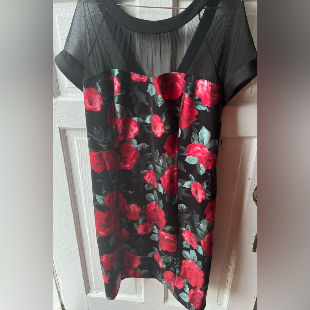 Elegant Cocktail Dress of Black Illusion Bodice with Red Roses Size 18